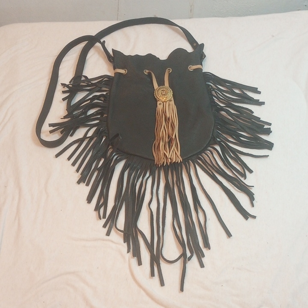 Native Rainbow, Fringed Black and Tan Shoulder Bag, EUC